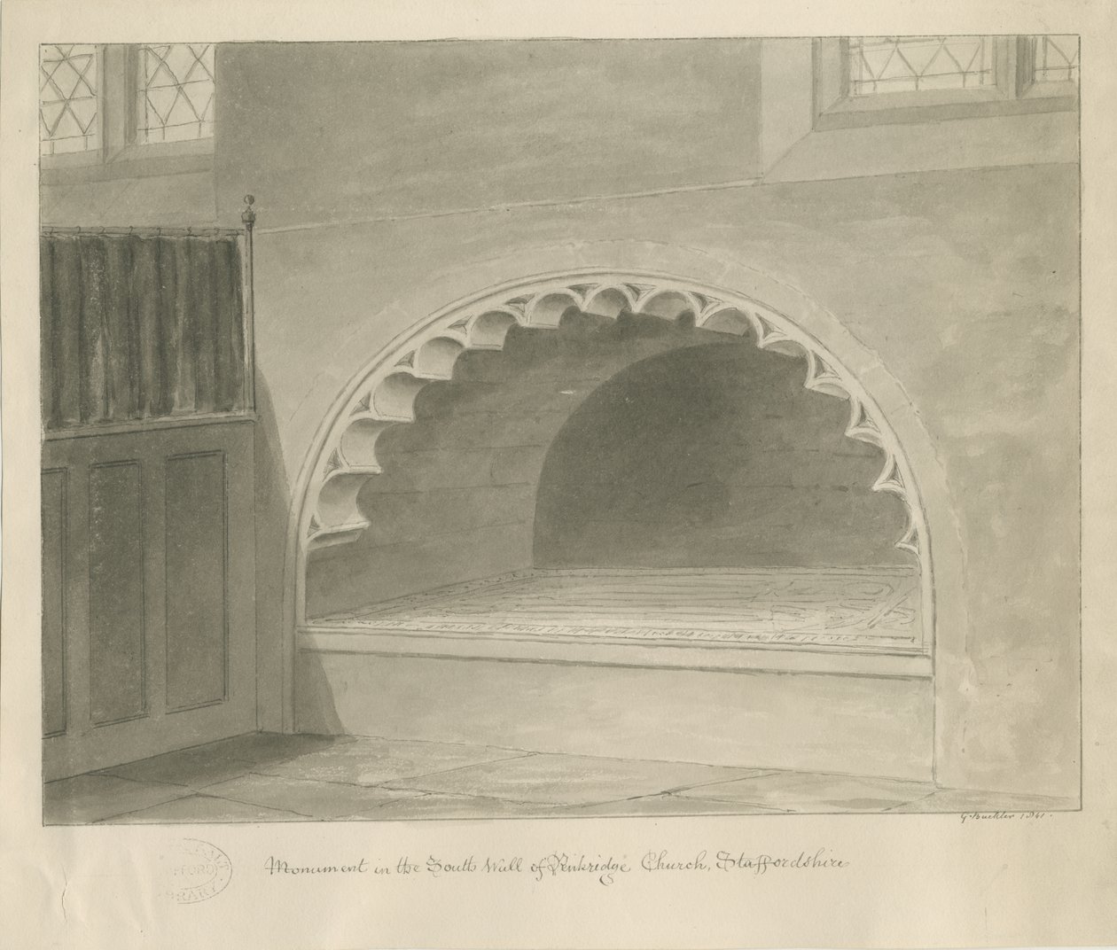 Penkridge templom - Emlékmű a déli falon: szépia rajz, 1841 alkotó: George Buckler