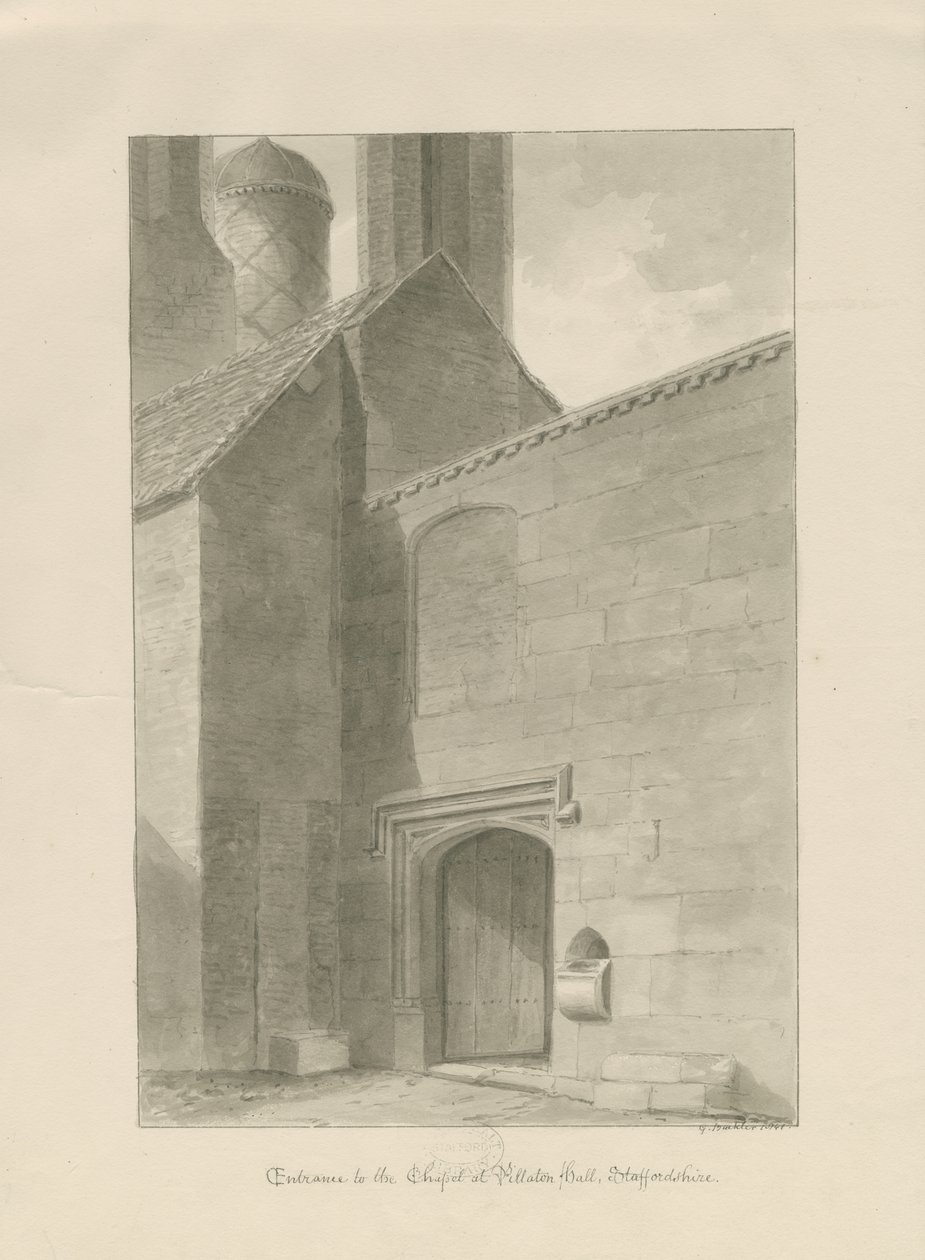 Pillaton Hall - Kápolna bejárata: szépia rajz alkotó: George Buckler