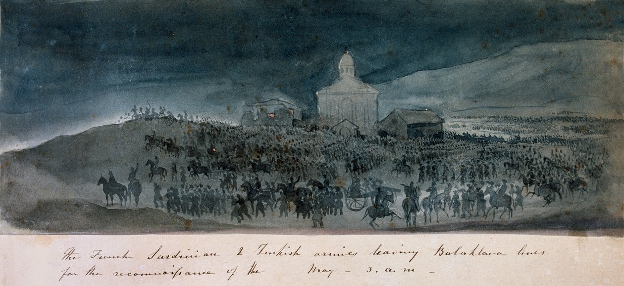A francia, szardíniai és török hadsereg felderítésre elhagyja a balaklava vonalakat, 1854 körül alkotó: George Cadogan