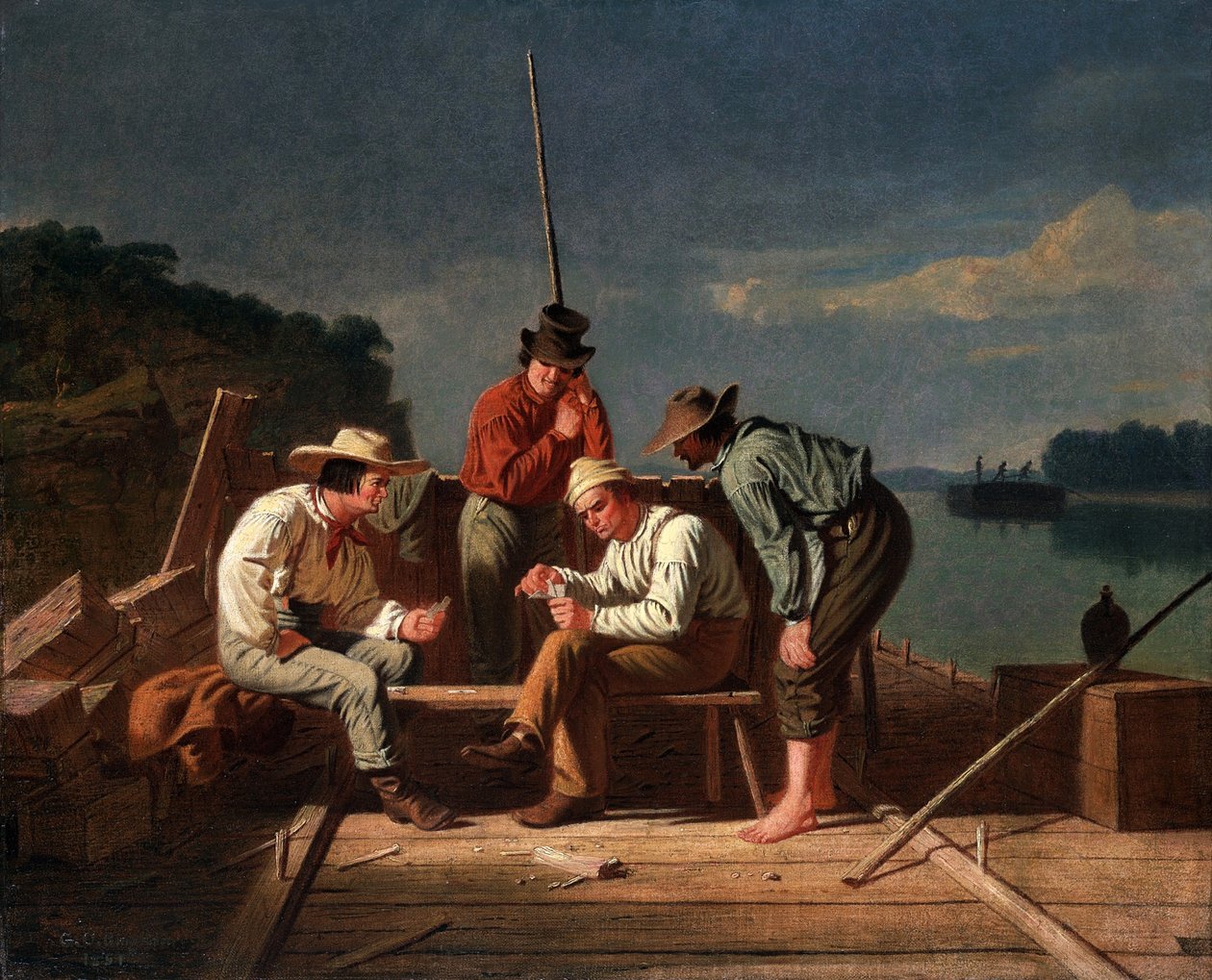 Kényszerhelyzetben, avagy Mississippi Raftsmen at Cards alkotó: George Caleb Bingham