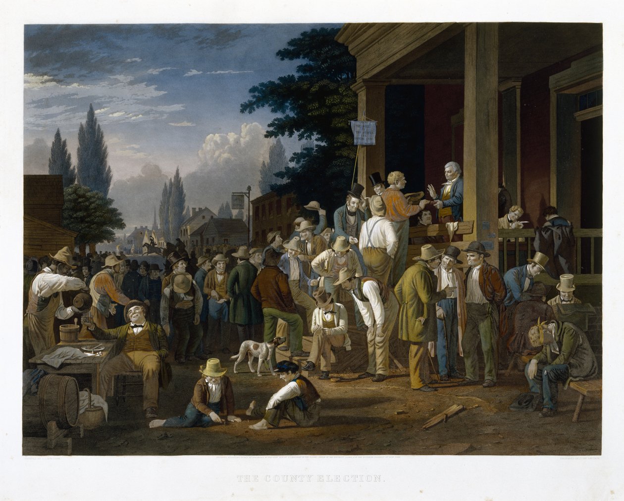 Megyei választás, 1854 (mezzotinta és vonalmetszet eredeti kézi színezéssel) alkotó: George Caleb Bingham