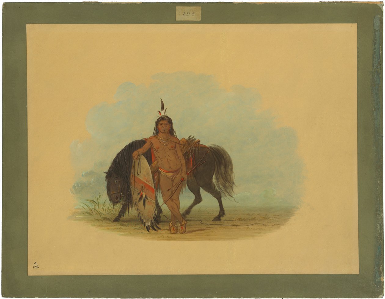 Egy lovát pihentető sejen harcos alkotó: George Catlin