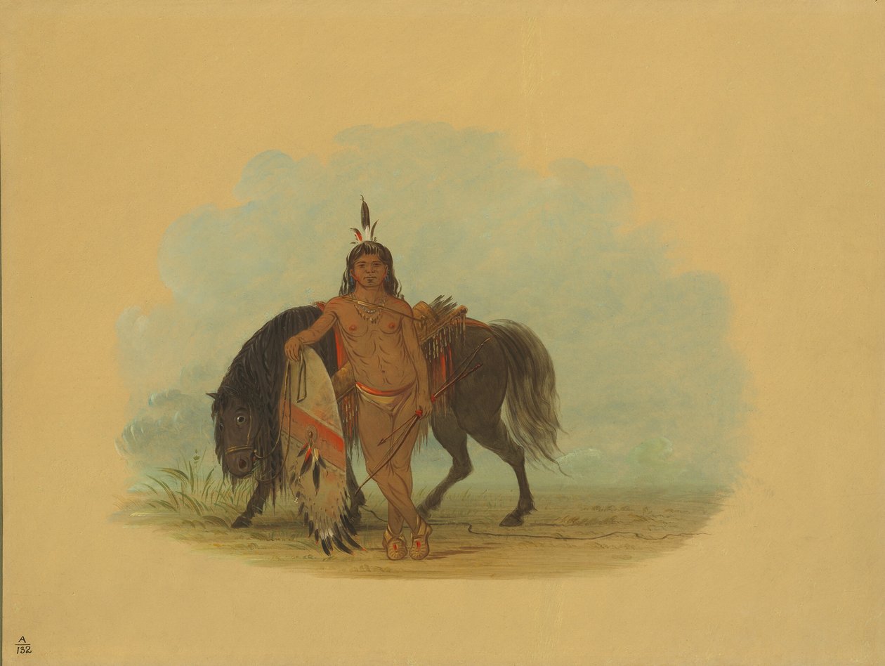 Egy Cheyenne harcos pihenteti a lovát, 18611869. alkotó: George Catlin
