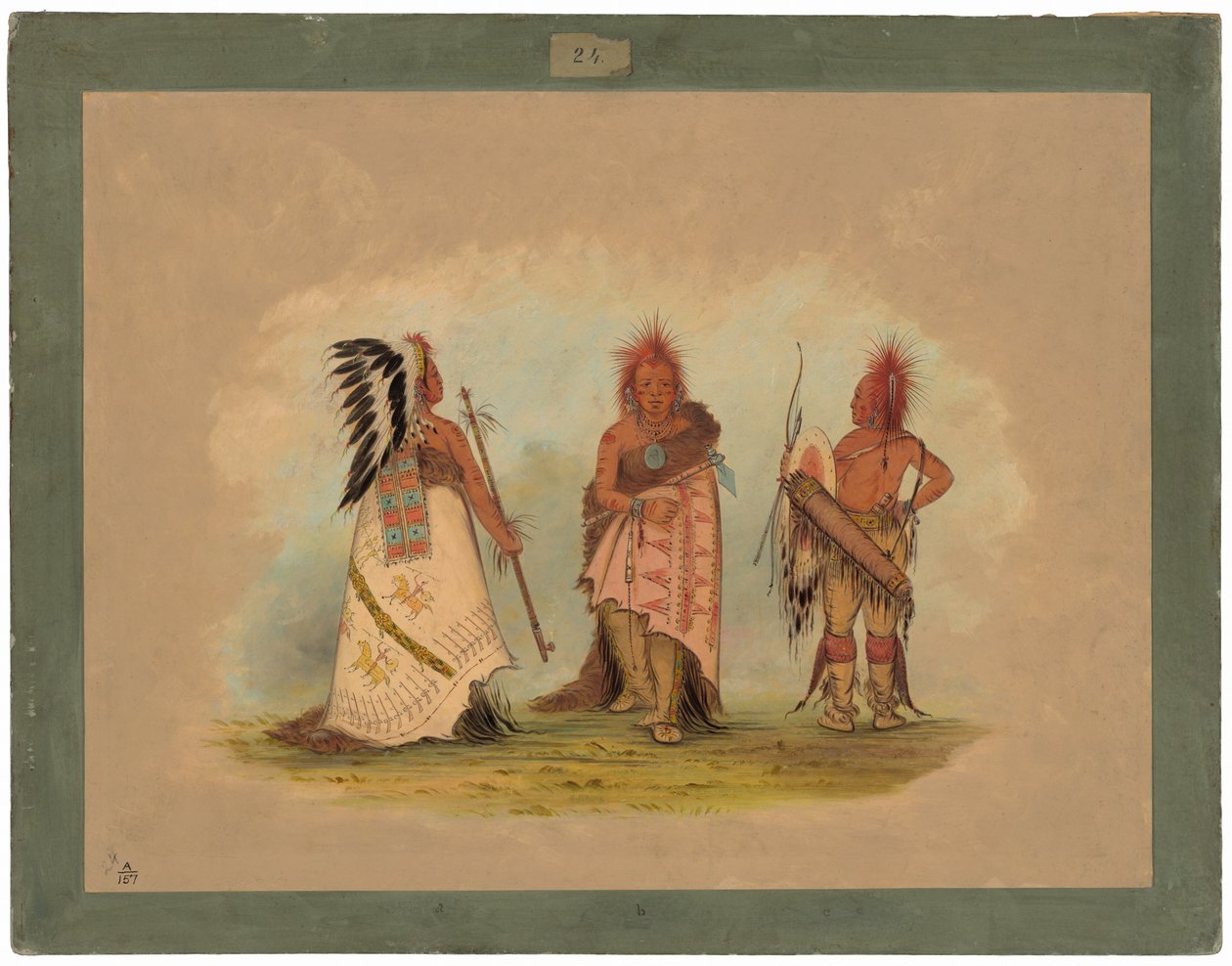 Egy Pawnee főnök két harcossal alkotó: George Catlin