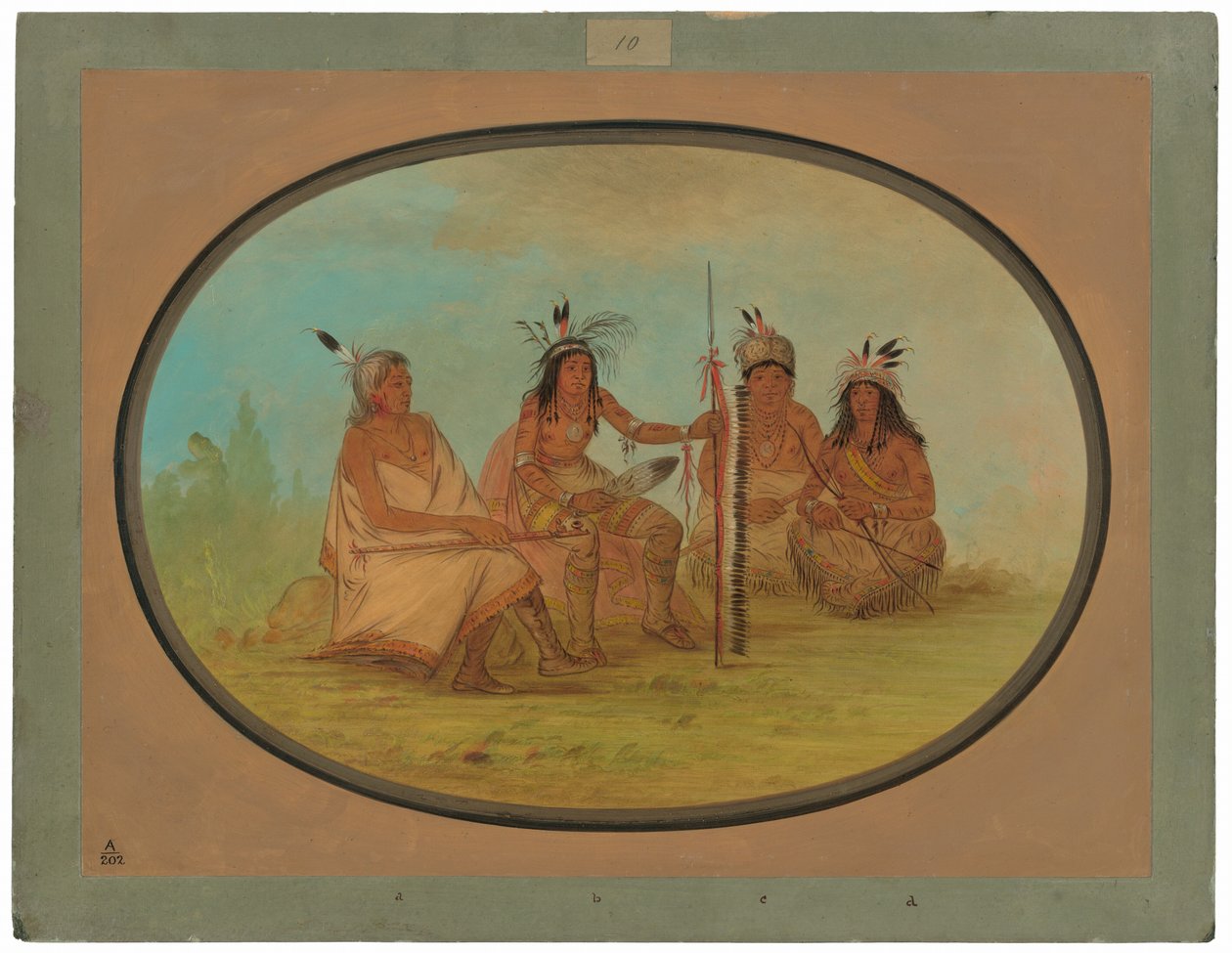 Egy idős Ojibbeway főnök és három harcos alkotó: George Catlin
