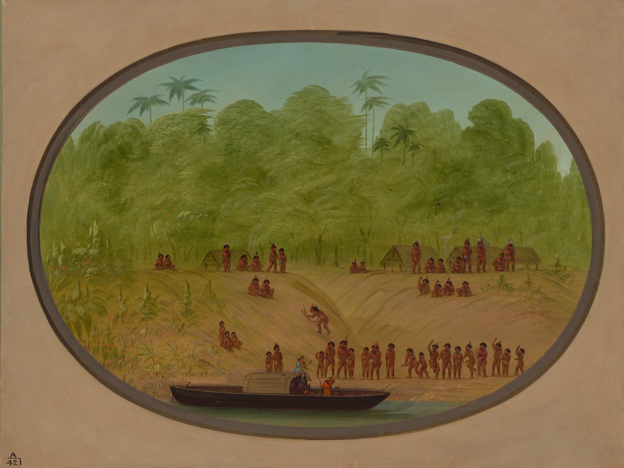 Egy omaguai falu – csónakvázlat, 18541869. alkotó: George Catlin