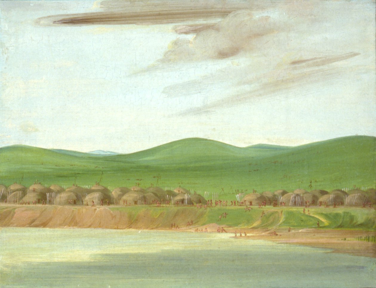 Arikara falu, a földdel borított kunyhók, 1600 mérfölddel St. Louis felett, 1832. alkotó: George Catlin