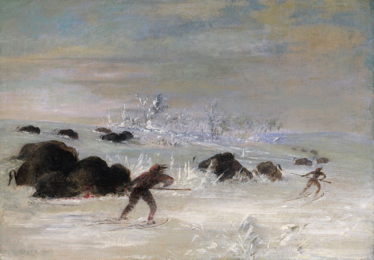 Assiniboine indiánok bölényt üldöznek hótalpakon alkotó: George Catlin