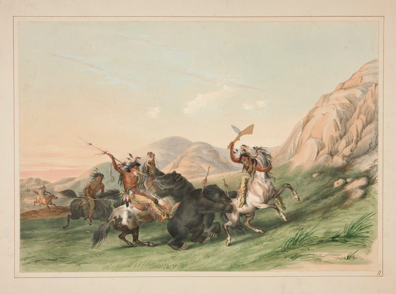 A Grizzly Bear megtámadása, pl. 19. az észak-amerikai indiánok portfóliójából alkotó: George Catlin