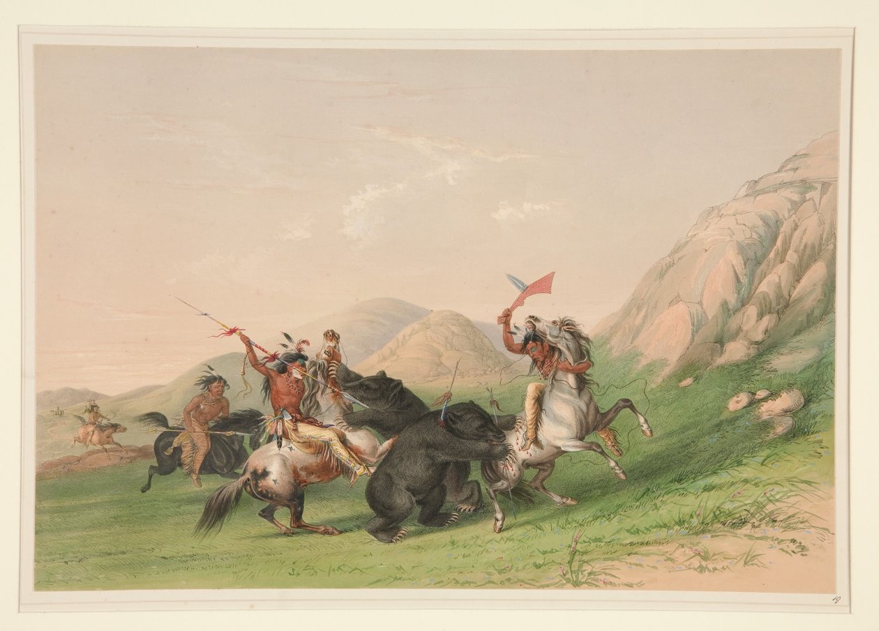 A grizzlymedve megtámadása, a „Észak-amerikai indiánok” című sorozat 19. képe alkotó: George Catlin