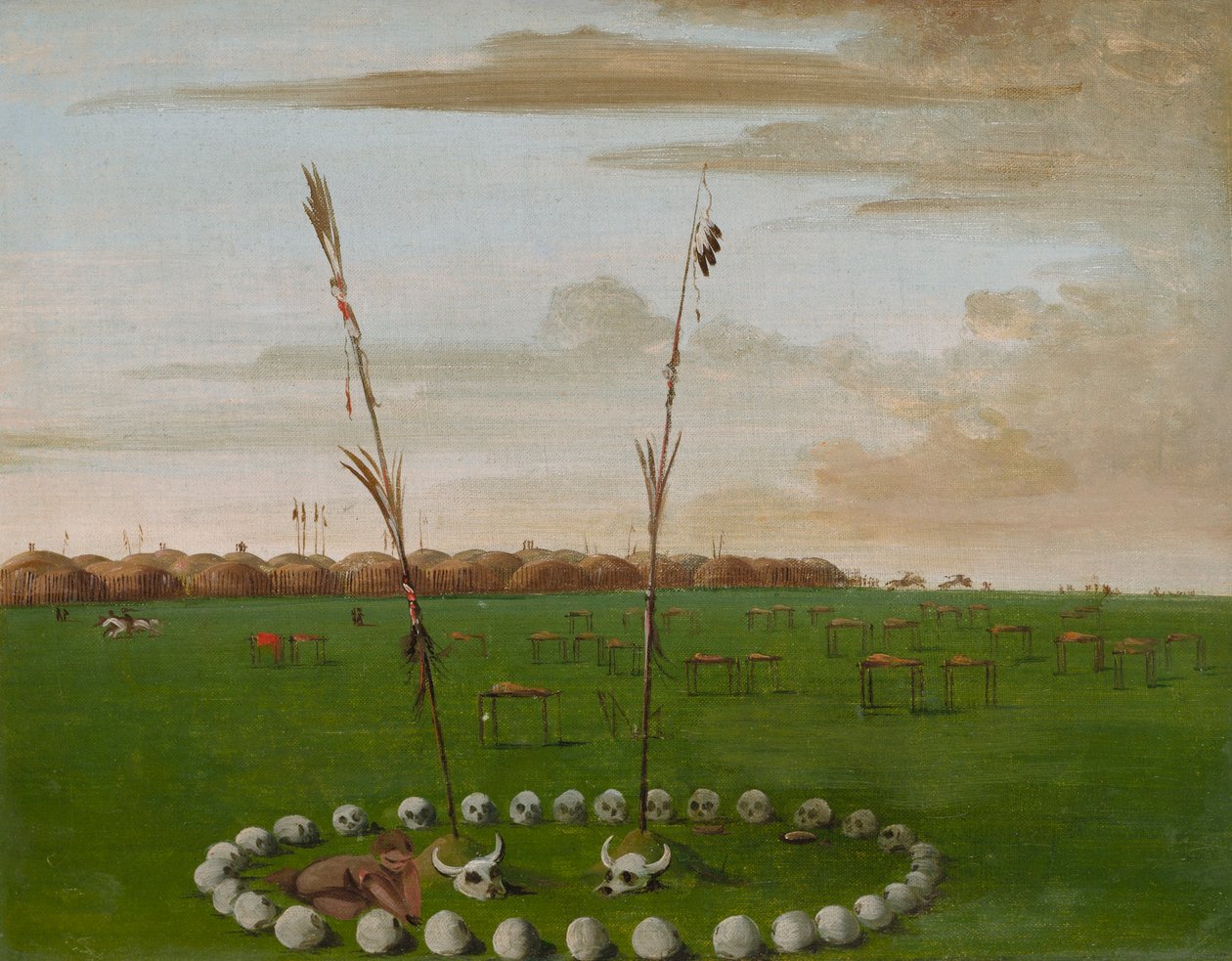 Mandan falu hátsó nézete a temetővel alkotó: George Catlin