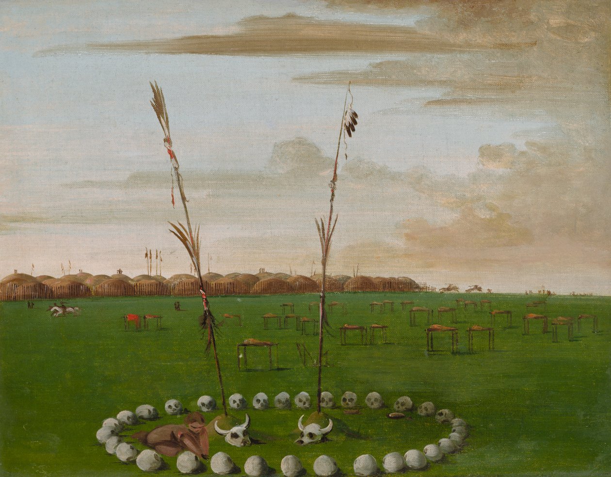 Mandan falu hátulnézete, a temetővel, 1832. alkotó: George Catlin