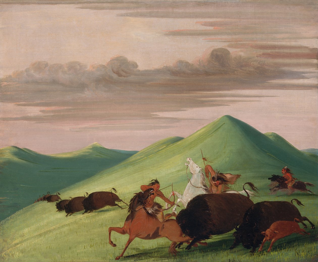 Buffalo Chase: Tehenet és borjút védő bika, 1832-1833. alkotó: George Catlin