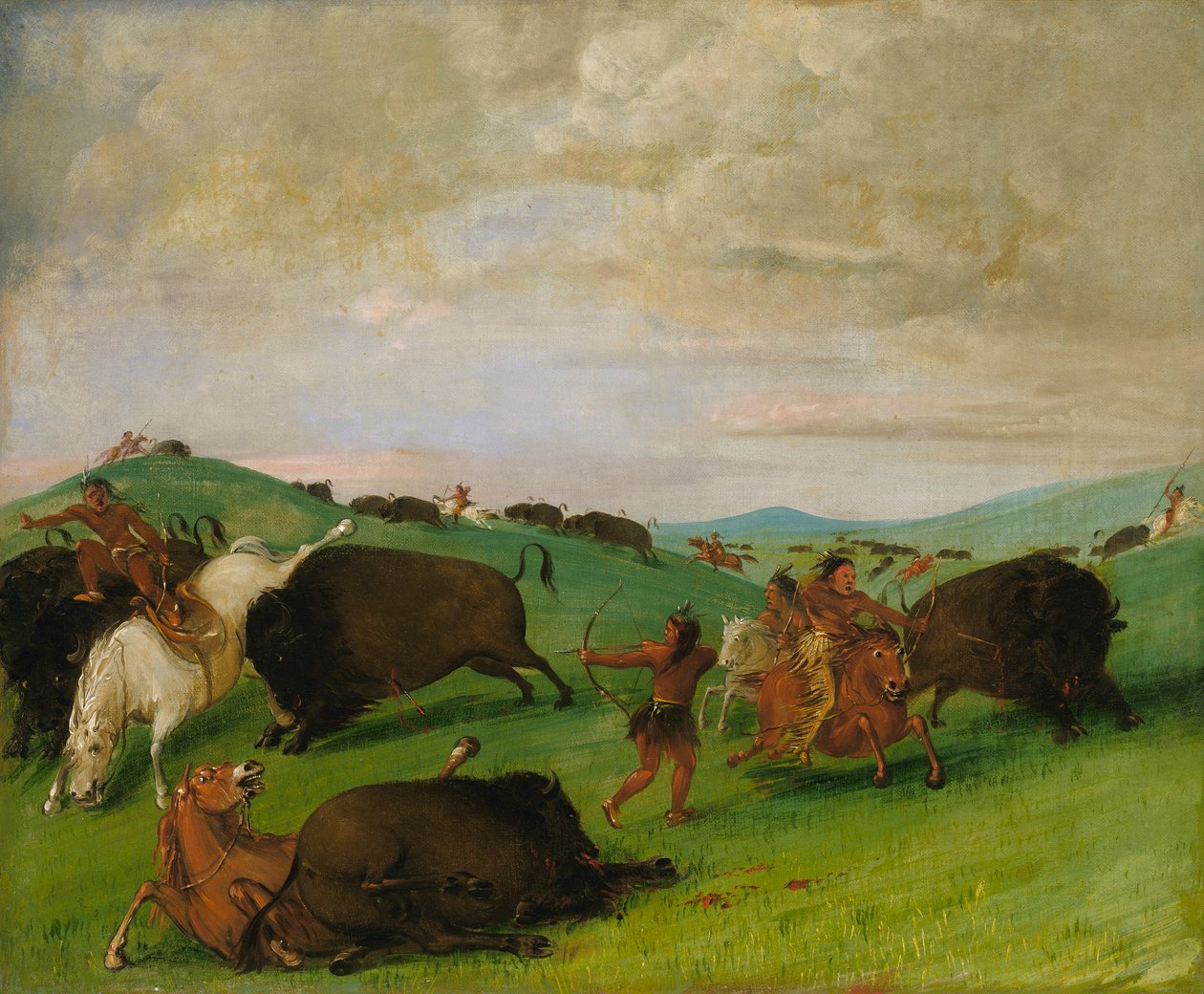 Buffalo Chase, bikák csatáznak emberekkel és lovakkal alkotó: George Catlin