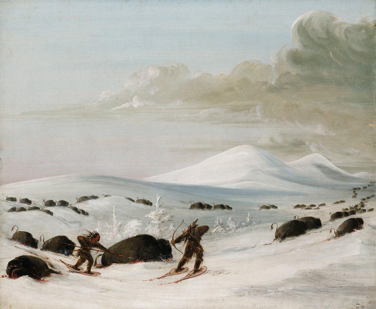 Bölényüldözés hófúvásban, indiánok üldözése hótalpakon alkotó: George Catlin