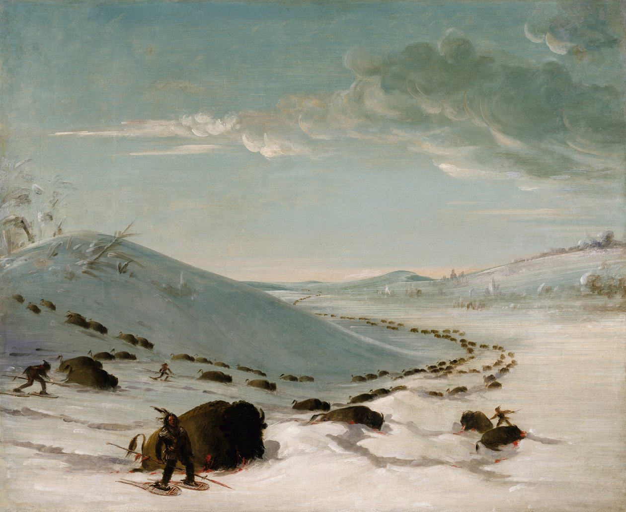Bölényvadászat télen, indiánok hócipőben alkotó: George Catlin