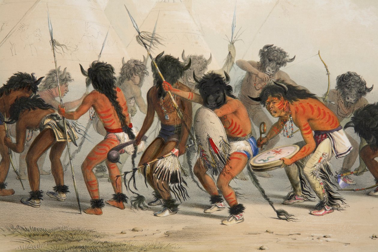 Buffalo Dance részlet, kocsma. 1845-ös színes litográfia. alkotó: George Catlin