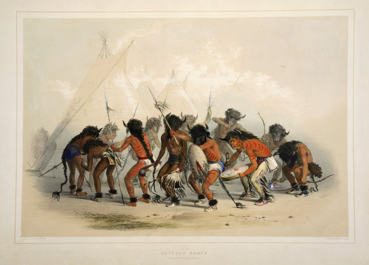Bivalytánc, a Catlins észak-amerikai indián portfóliójából. Vadászjelenetek és mulatságok a Sziklás-hegységről és Amerika prérieiről, pub. 1845 alkotó: George Catlin