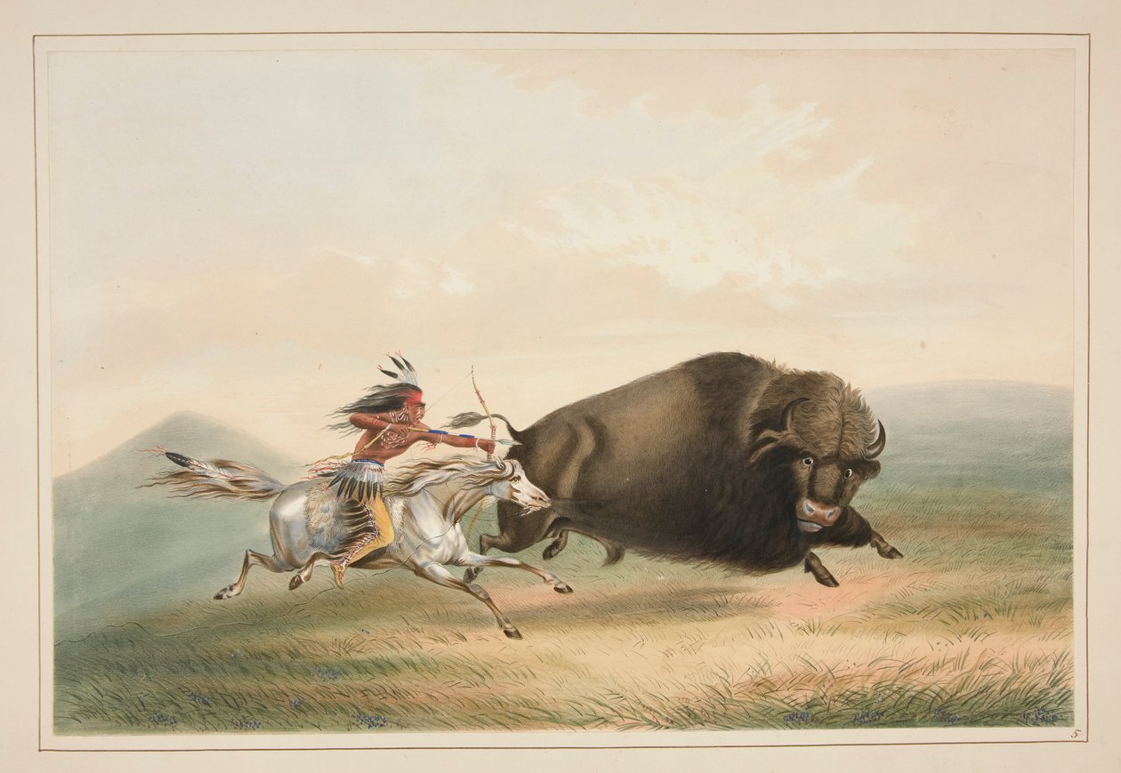 Buffalo Hunt, Chase, pl. 5 az észak-amerikai indiánok portfóliójából alkotó: George Catlin