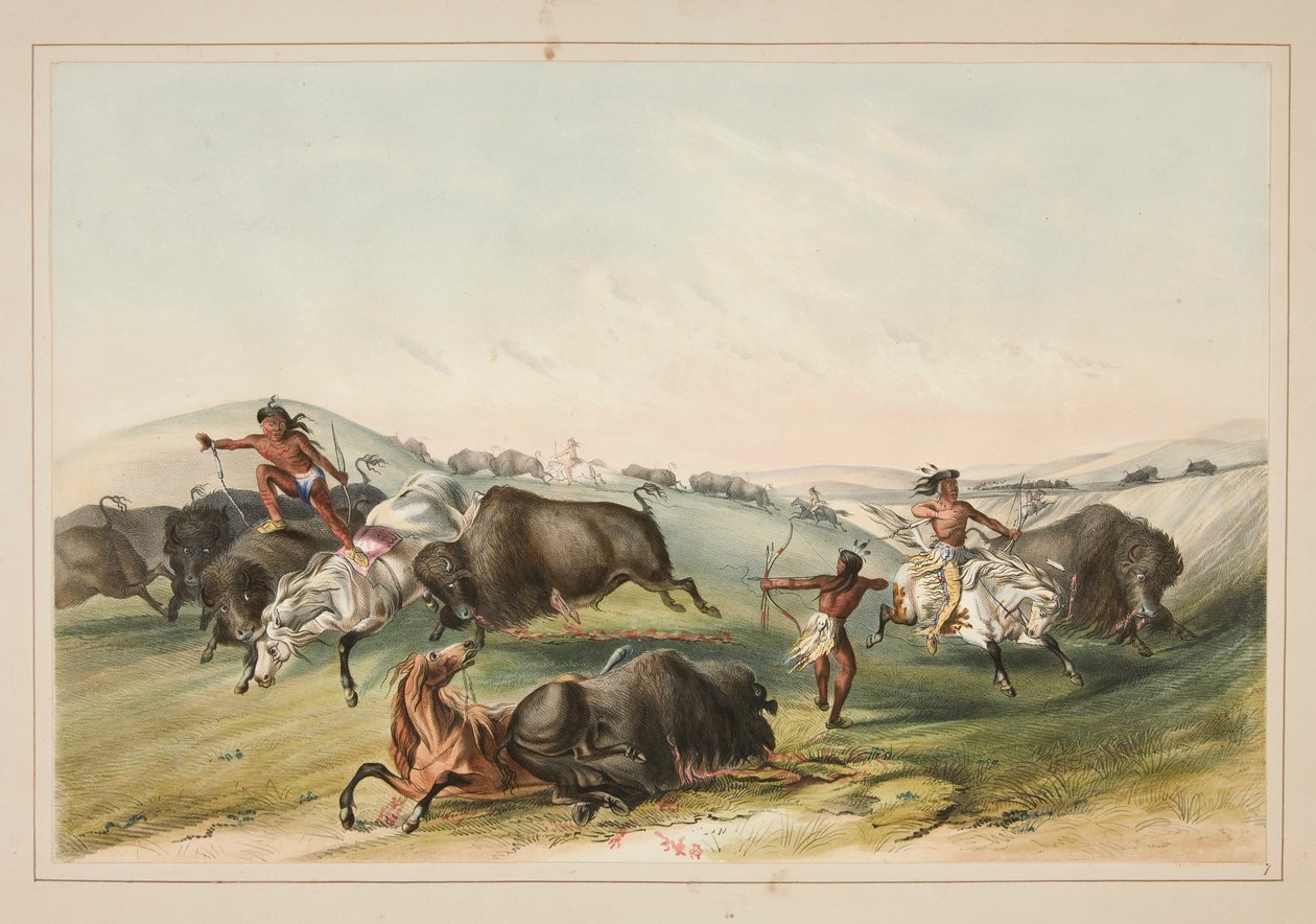 Buffalo Hunt, Chase, pl. 7 az észak-amerikai indiánok portfóliójából alkotó: George Catlin