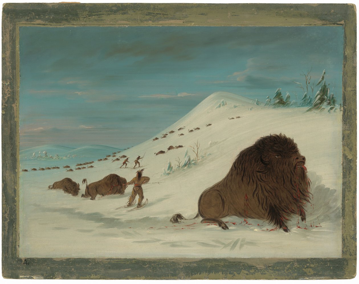 Buffalo Lancing a hószállingózásban - sziúk alkotó: George Catlin