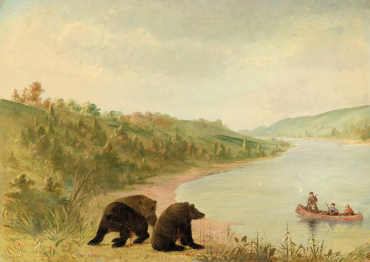 Catlin és emberei a kenujukban, sürgősen partra szállni, Felső-Missouri alkotó: George Catlin