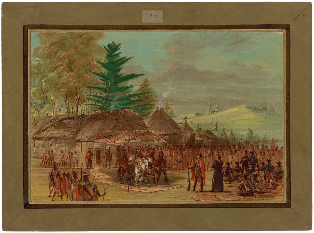 A taensa indiánok főnöke fogadja La Salle-t. 1682. március 20. alkotó: George Catlin