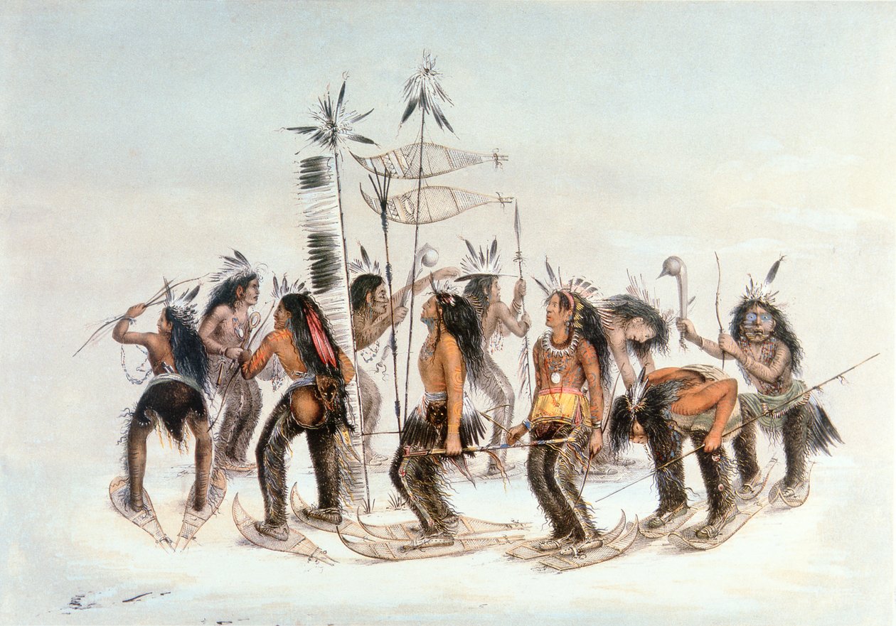 Chippewa hótalpas tánc, 1835 körül (akvarell, papír) alkotó: George Catlin