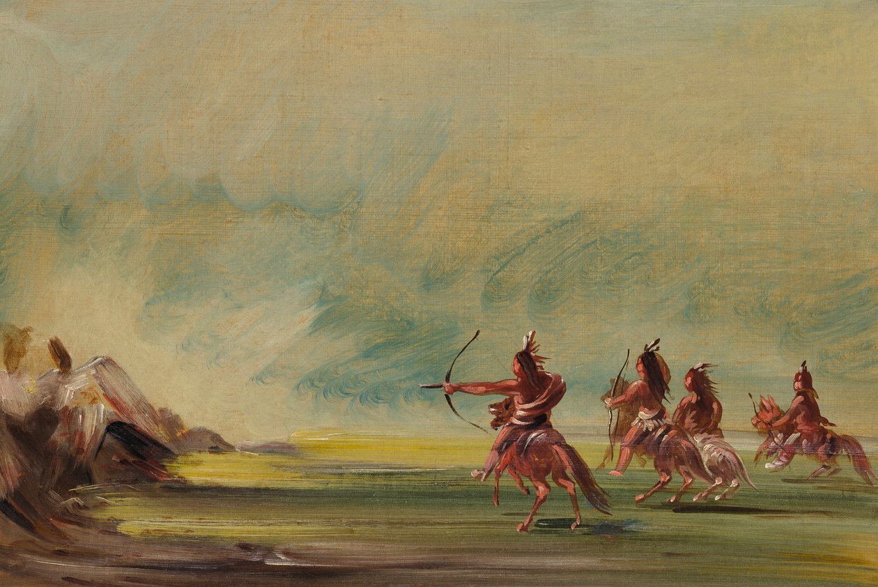 A komancsok nyilakat adnak a Medicine Rocknak alkotó: George Catlin