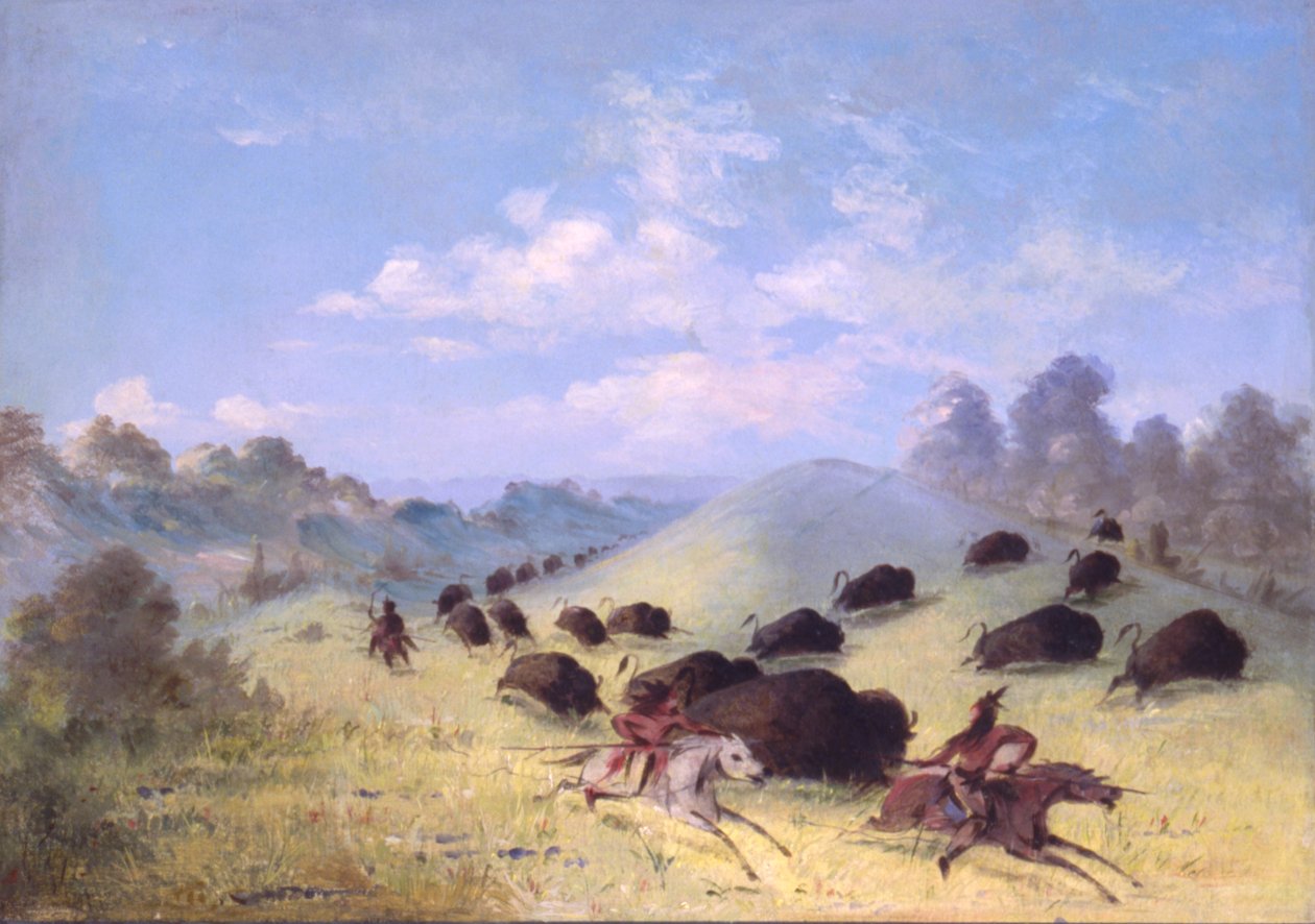 Comanche indiánok lándzsákkal és íjakkal üldözik a bivalyt, 1846-1848. alkotó: George Catlin