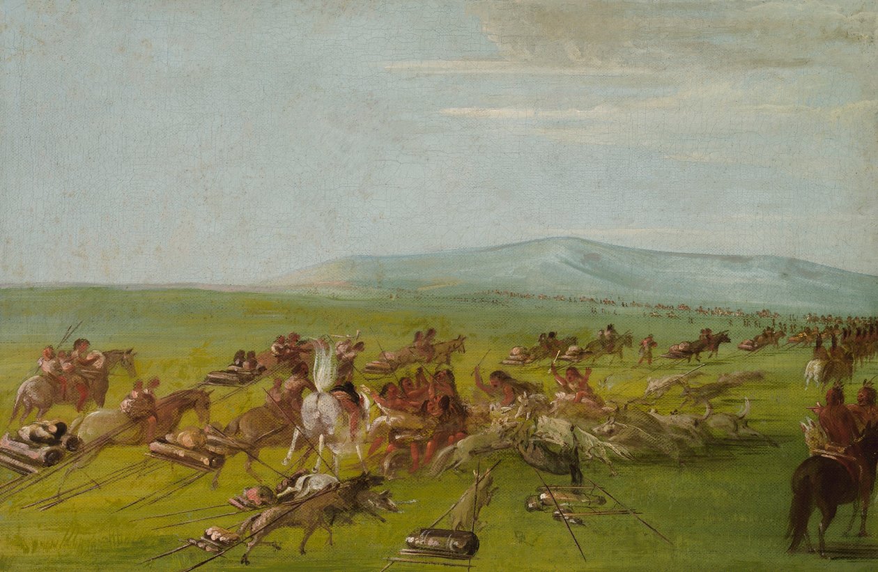 A komancsok táborba vonulnak, útközben kutyaviadal alkotó: George Catlin