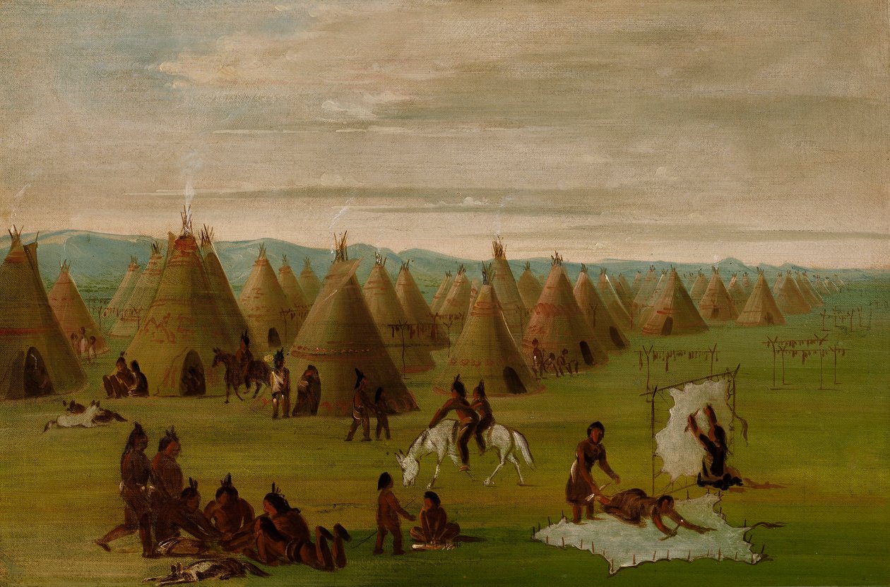 Comanche falu, nők köpenyt öltöztetnek és húst szárítanak alkotó: George Catlin