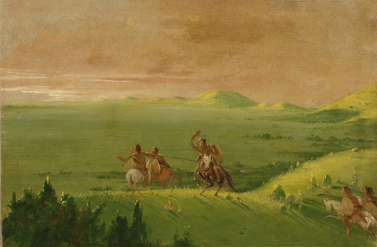 A komancsok háborús pártja, a főnök felfedezi az ellenséget és napkeltekor sürgetni kezdi embereit alkotó: George Catlin