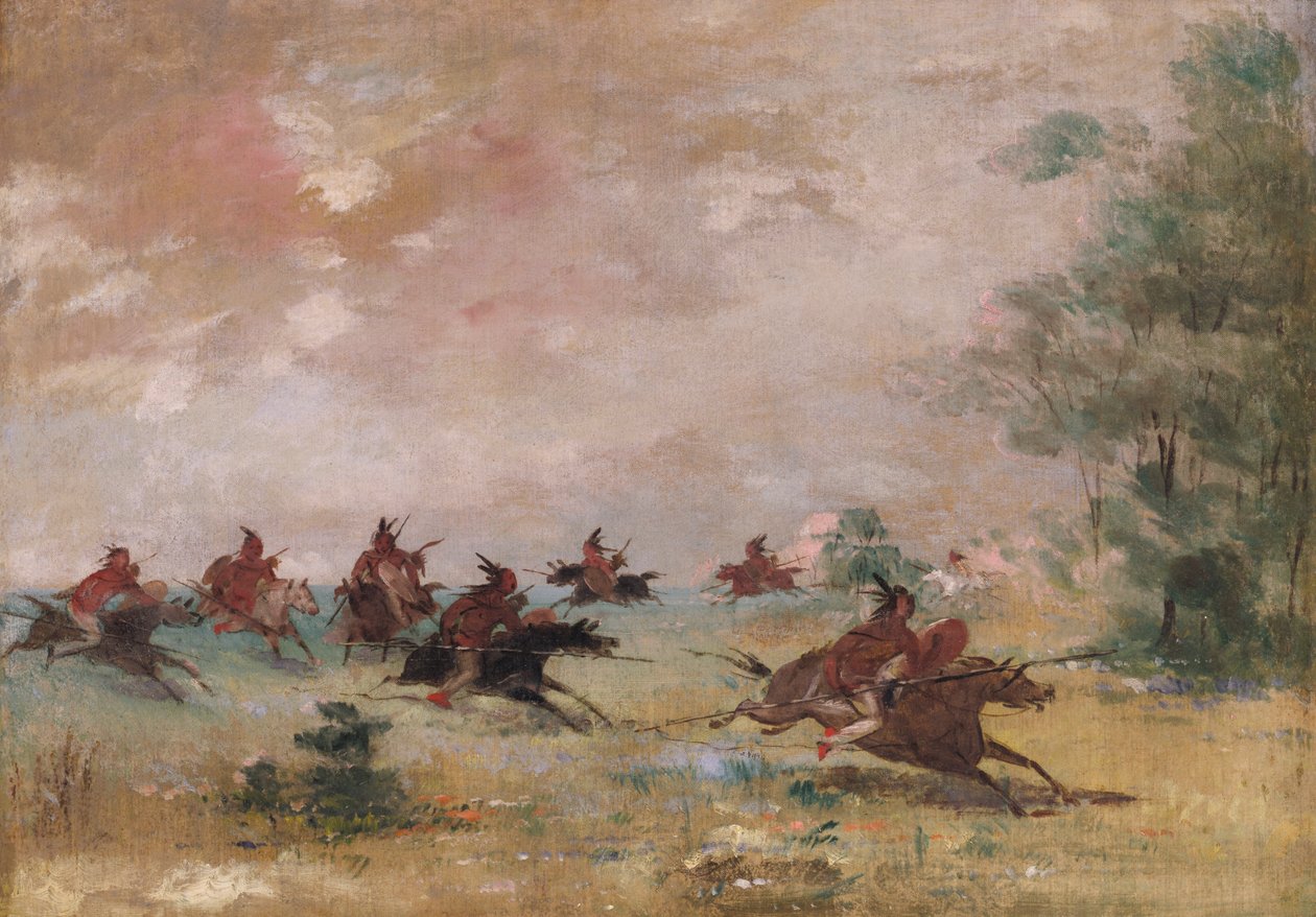 Comanche háborús parti, vadlovakra ülve, 1834-1837. alkotó: George Catlin