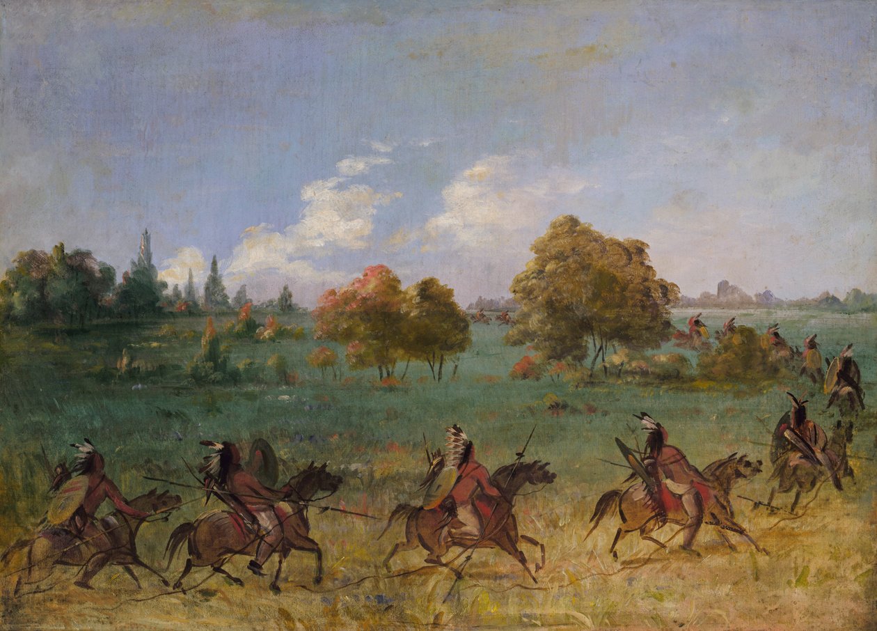 Comanche háborús parti a márciusi, teljesen felszerelt, 1846-1848. alkotó: George Catlin