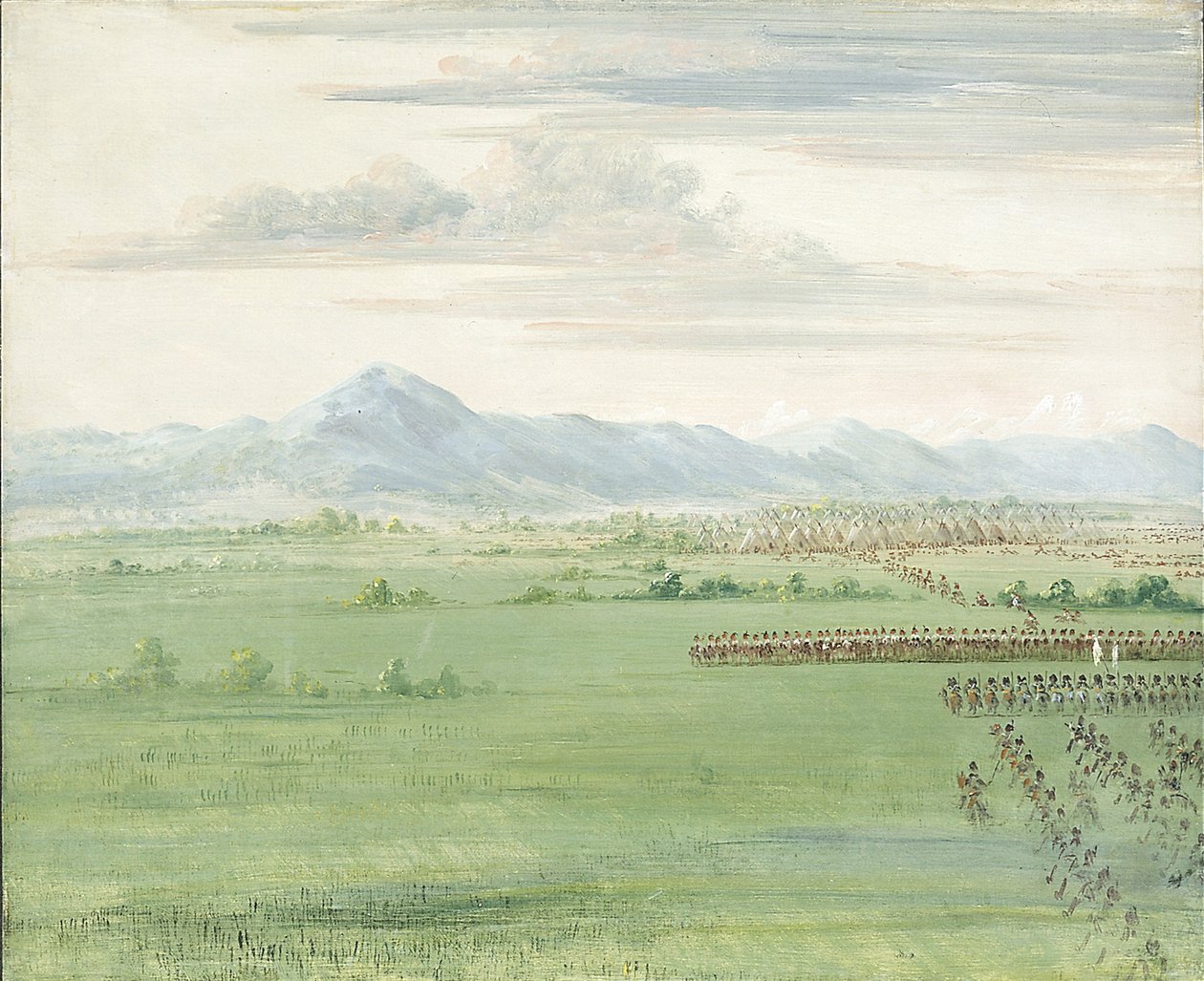 Komancs harcosok, fehér zászlóval, fogadják a dragonyosokat alkotó: George Catlin