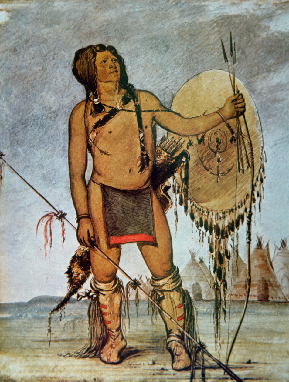 Comanche harcos pajzzsal, lándzsával, íjjal és nyílvesszőkkel, 1835 körül (színes litó) alkotó: George Catlin