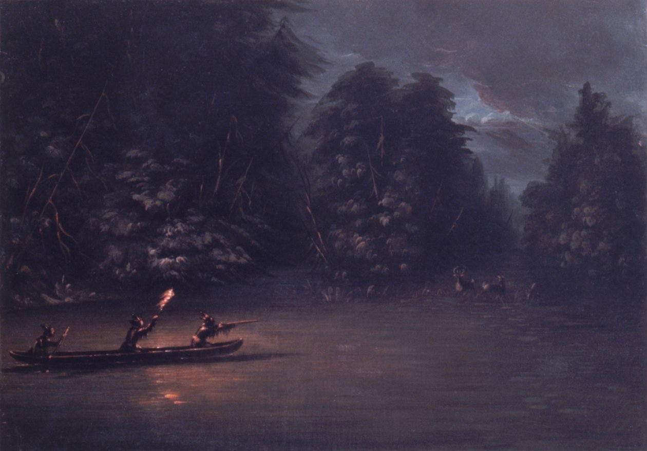 Szarvasvadászat fáklyafényben kéregkenukban, 1846-1848. alkotó: George Catlin