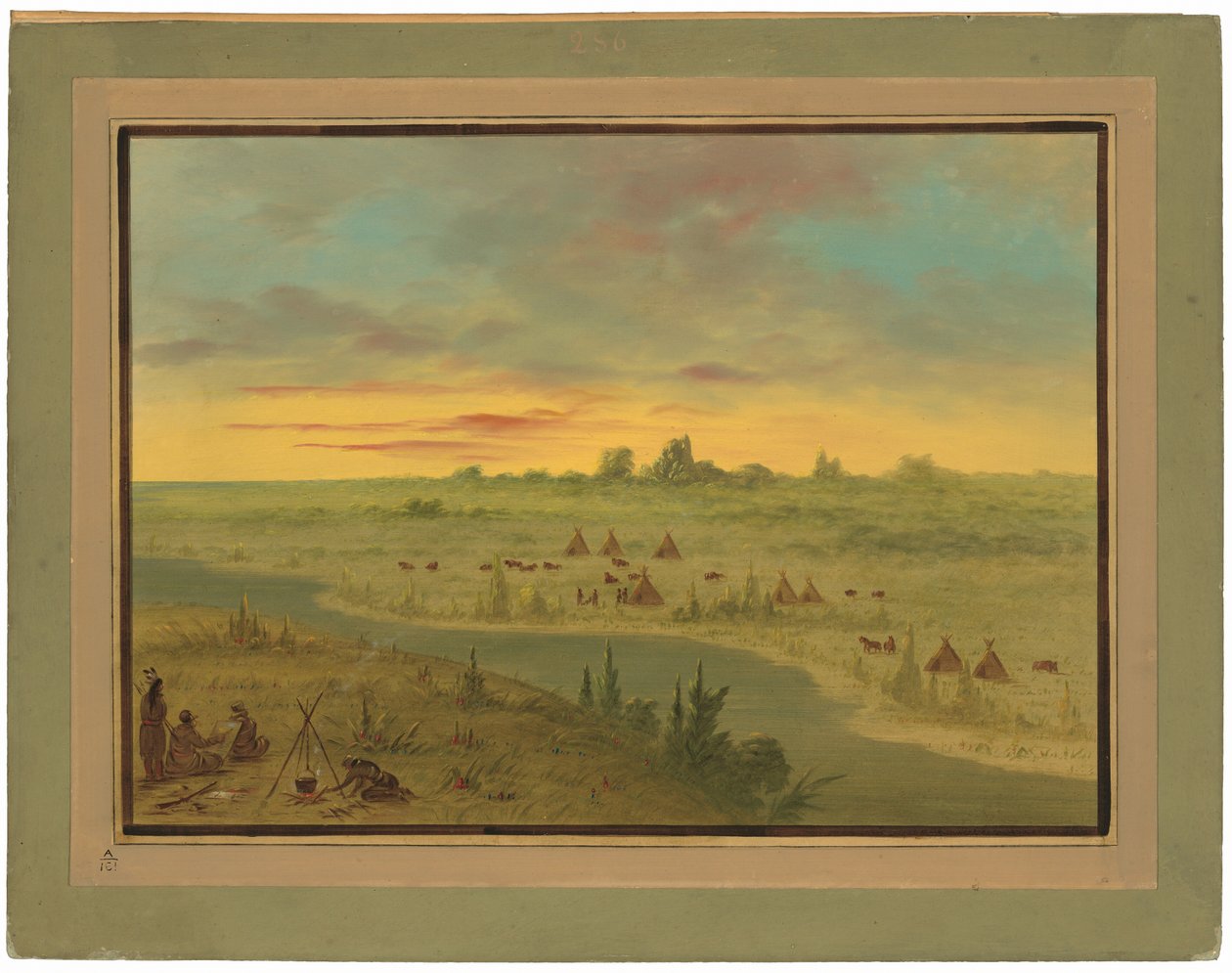 Pawnee indiánok táborozása naplementekor alkotó: George Catlin
