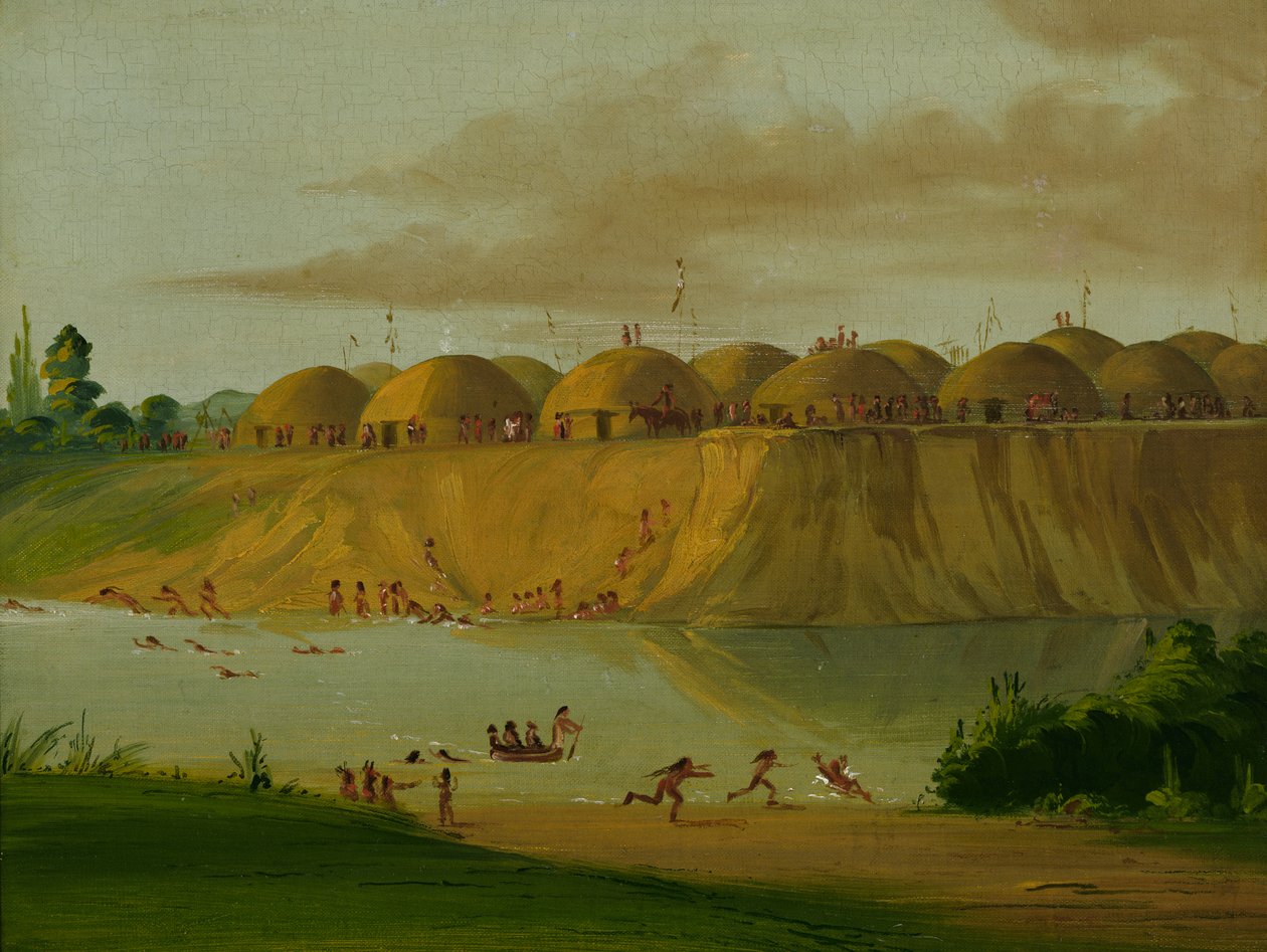 Hidatsa falu, földdel borított páholyok, a Knife folyón, 1810 mérfölddel St. Louis felett, 1832. alkotó: George Catlin