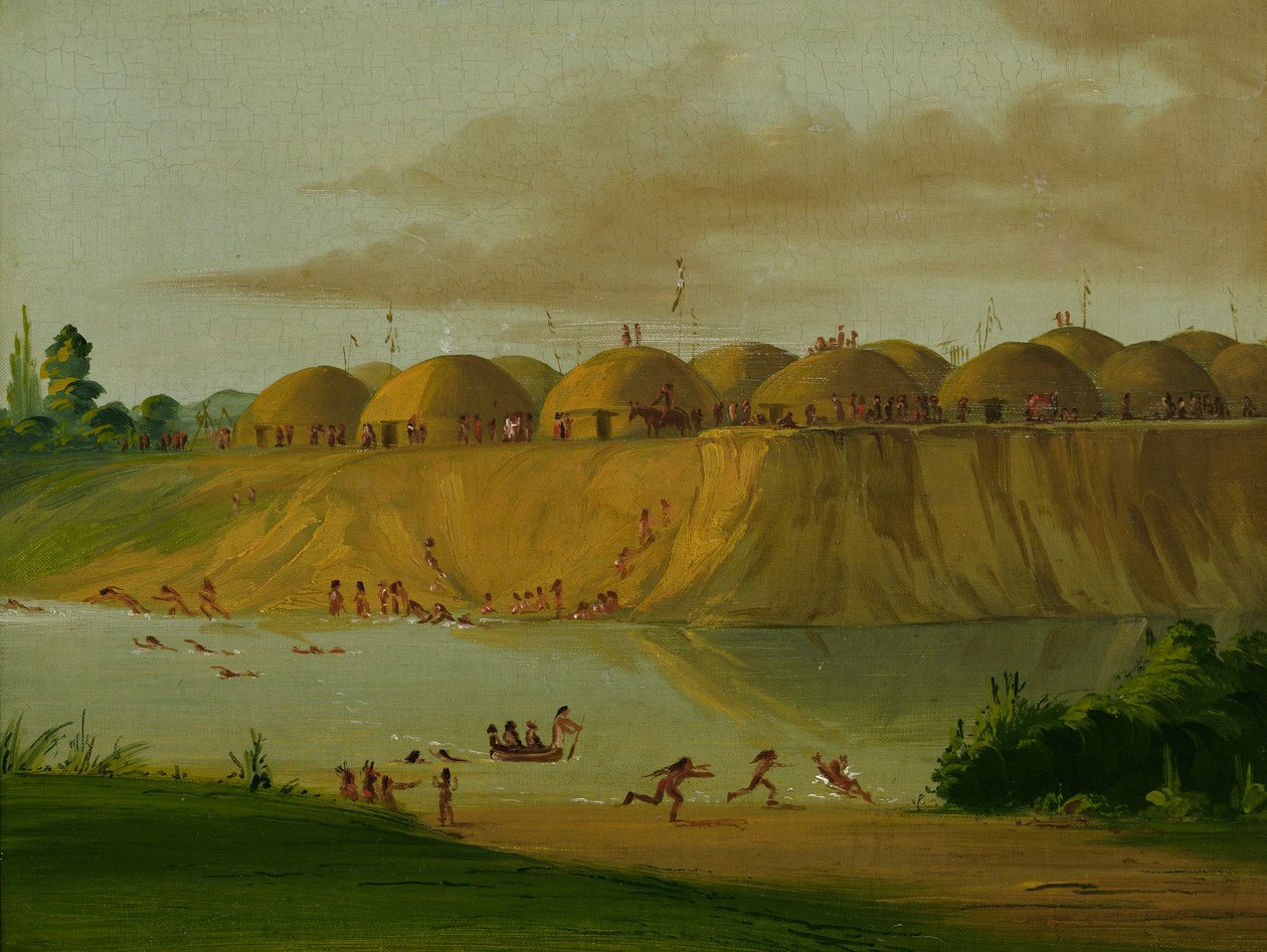 Hidatsa falu, földdel borított kunyhók, a Knife folyón, 1810 mérföldre St. Louis felett alkotó: George Catlin