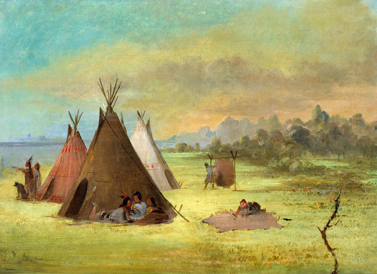 Indián tábor, komancs (vagy kiowa) bőrök öltöztetése, Vörös-folyó alkotó: George Catlin