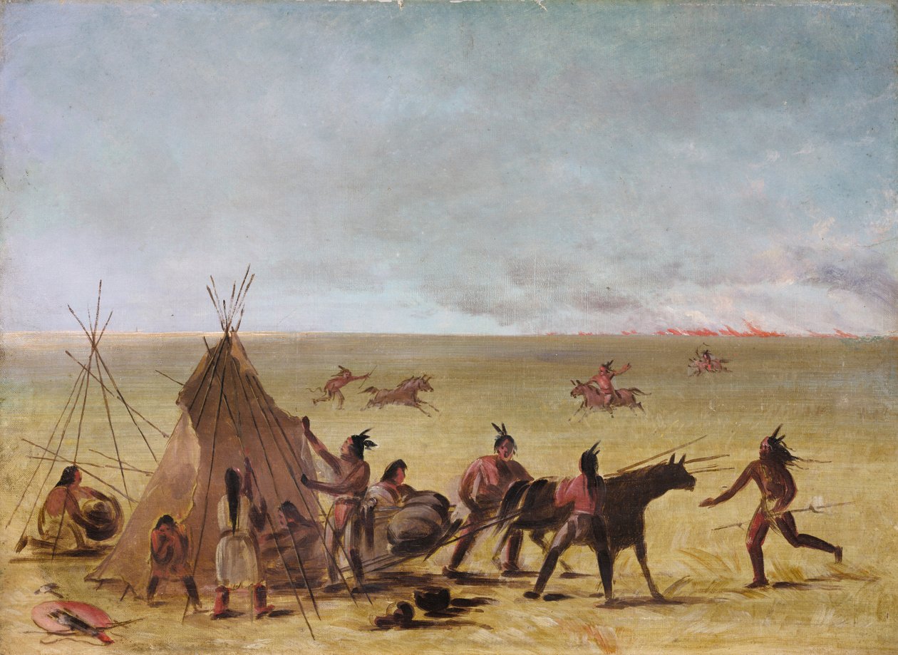 Az indiai család egy préritűz közeledtében riasztott, 1846-1848. alkotó: George Catlin