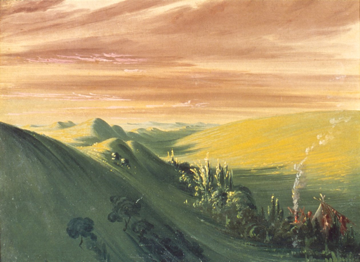 Indiánok táborozása naplementekor, Felső-Missouri alkotó: George Catlin