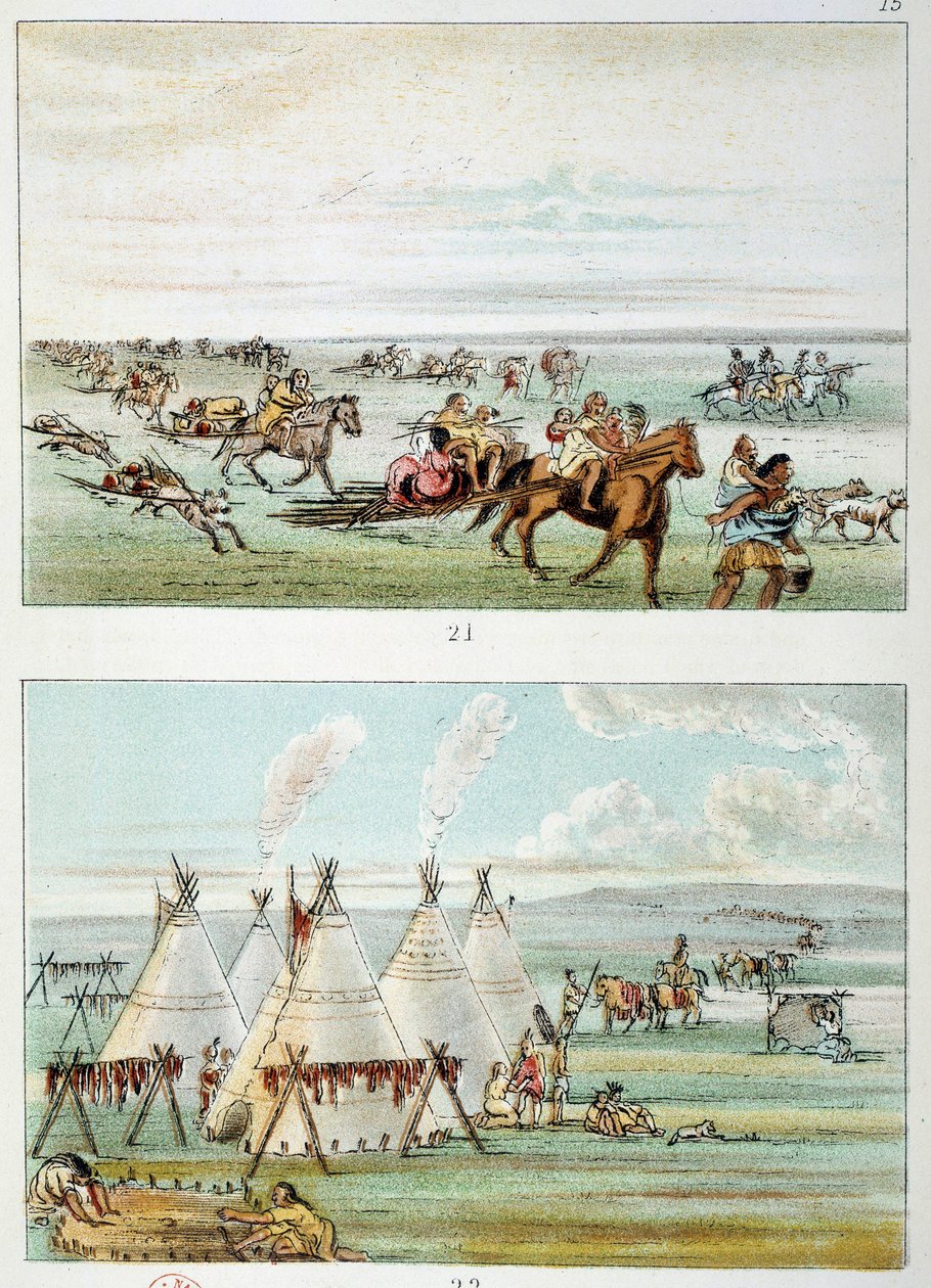 Amerika indiánjai: bőrrel mozgó (felső) törzs eladó. 500-600 tipi (alsó) törzs. Illusztráció: George Catlin (1794-1872) alkotó: George Catlin
