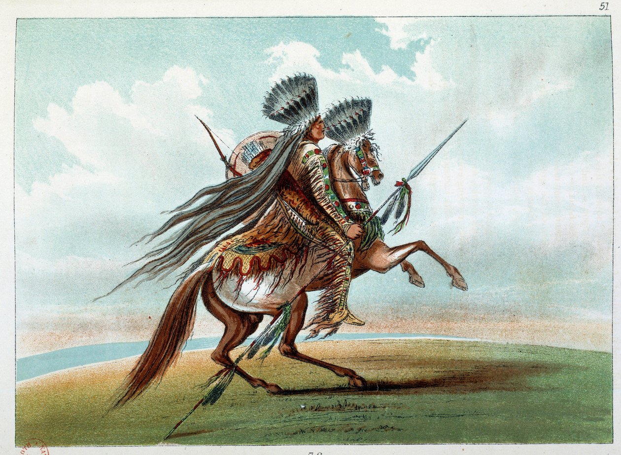 Amerika indiánjai: vadlovakra vadászó indián miniatúrák a Sziklás-hegység lábánál. Illusztráció: George Catlin (1794-1872) alkotó: George Catlin