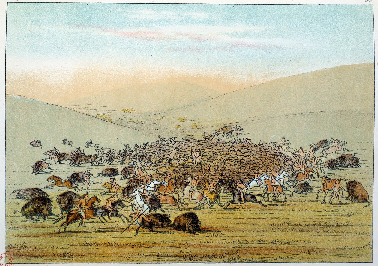 Amerika indiánjai: indián miniatűrök, akik lándzsával vadásznak bivalyra. Illusztráció: George Catlin (1794-1872) alkotó: George Catlin