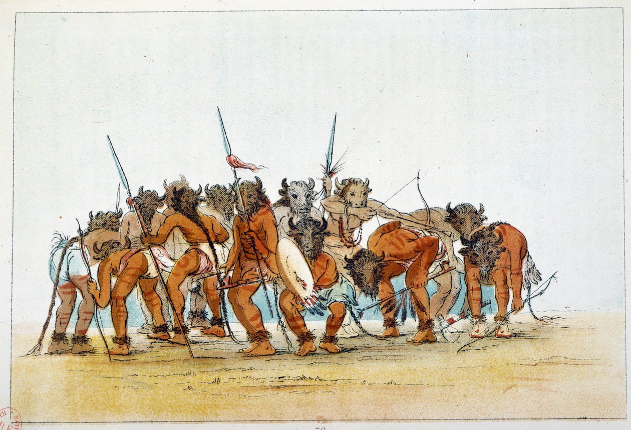 Amerika indiánjai: Mandán harcosok találkozása, bivalyfej trófeájukkal a fejükön. Illusztráció: George Catlin (1794-1872) alkotó: George Catlin