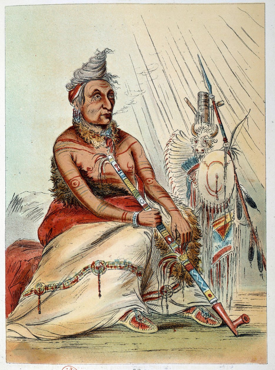Amerika indiánjai: Egy idős indián szakács portréja, aki pipáját szívja The Black Mocassin néven. Illusztráció: George Catlin (1794-1872) alkotó: George Catlin