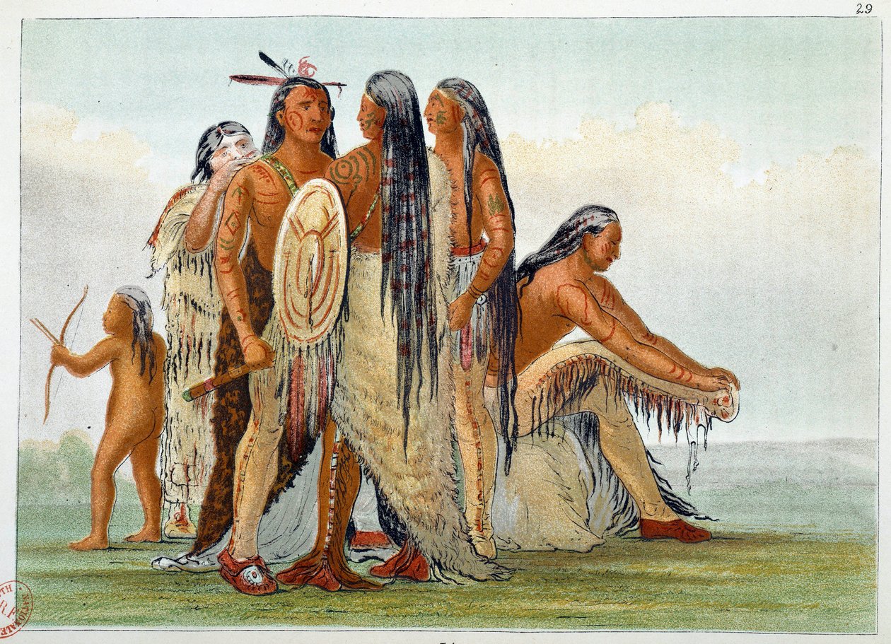 Amerika indiánjai. A mandánok: San Ja Ka Ko Kah főnök (San-Ja-Ka-Ko-Kah) körülveszi a családját. George Catlin metszete (1794-1872) alkotó: George Catlin